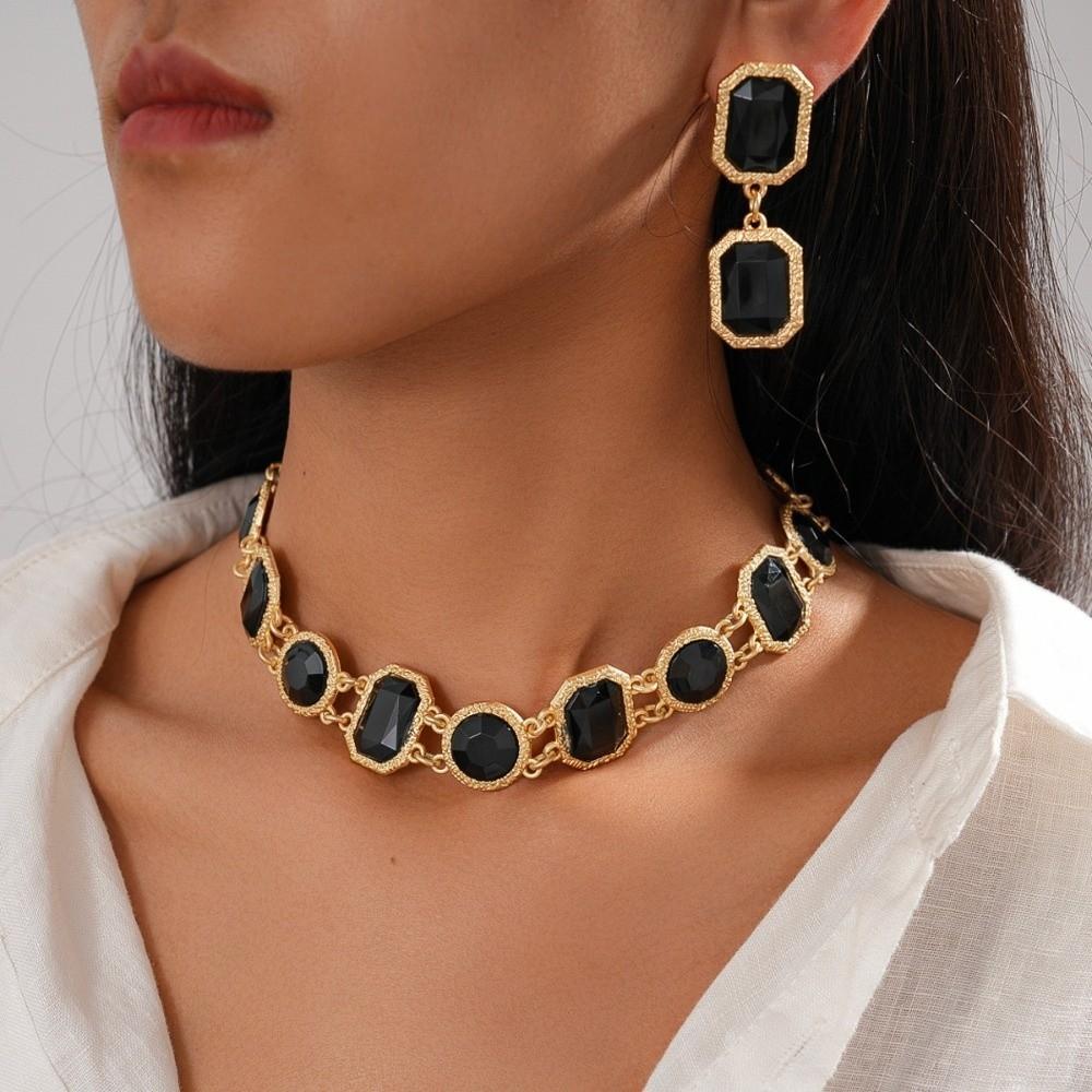 Square Circular Black Geometric Necklace Copper Dark Style Neck Chain Retro Black Earrings  Lady