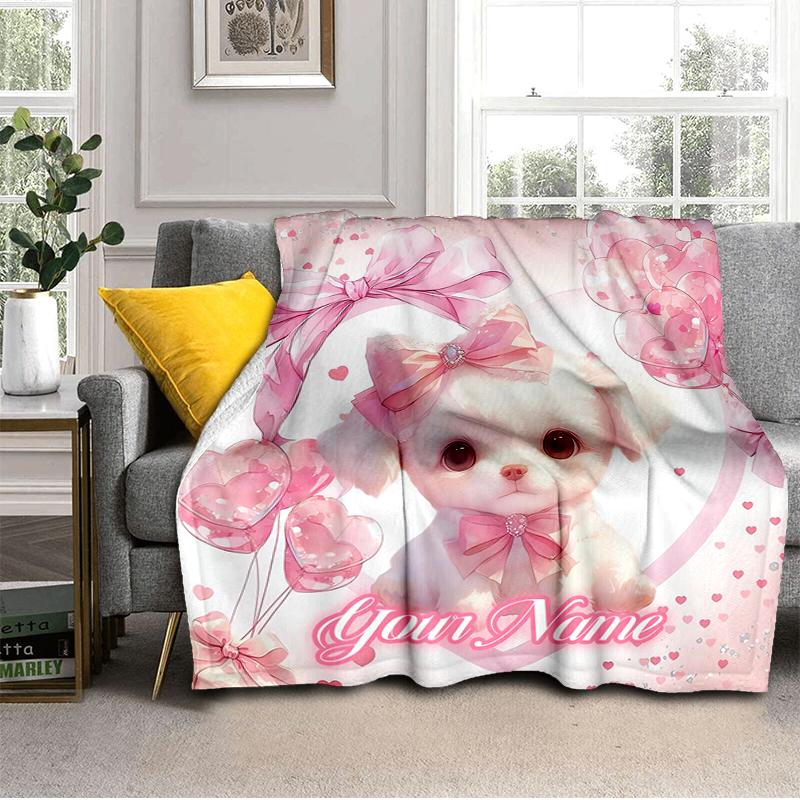 1PC Custom Name Pink Bow Puppy Love Flannel blankets Patterns Throw Blanket All-Season Soft Gift for Couch, Bed, Camping gifts