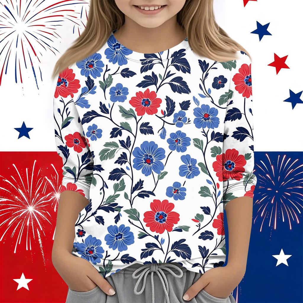 Print Tops For Youth Girls Round Neck 3/4 Sleeves T-Shirts Trendy Tops Outfit Tees Independence Day