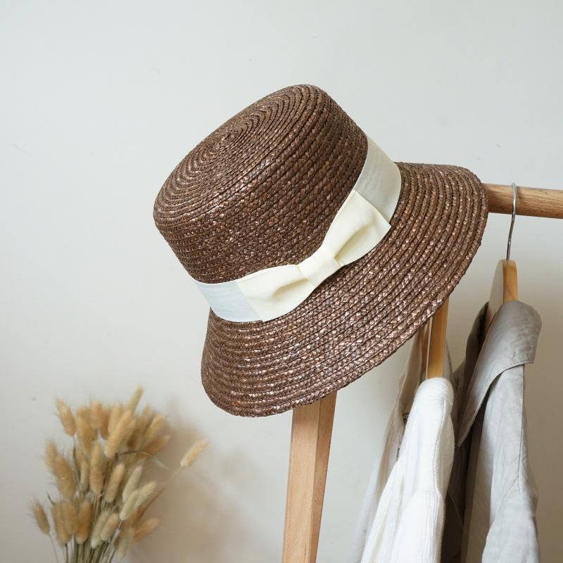 Japanese Simple Retro Straw Flat Top Small Basin Hat Men And Women Summer Sunshade Sun Protection Beach Vacation Bow Straw Hat