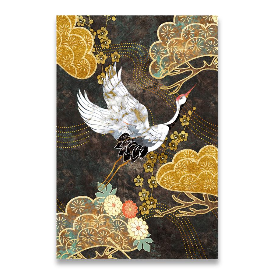 Chinese Ancient Style Animal Canvas Painting Golden Flowers Crane Abstract Decorative Poster On The Wall Aesthetic Room Decor 21X30CMNo Framed