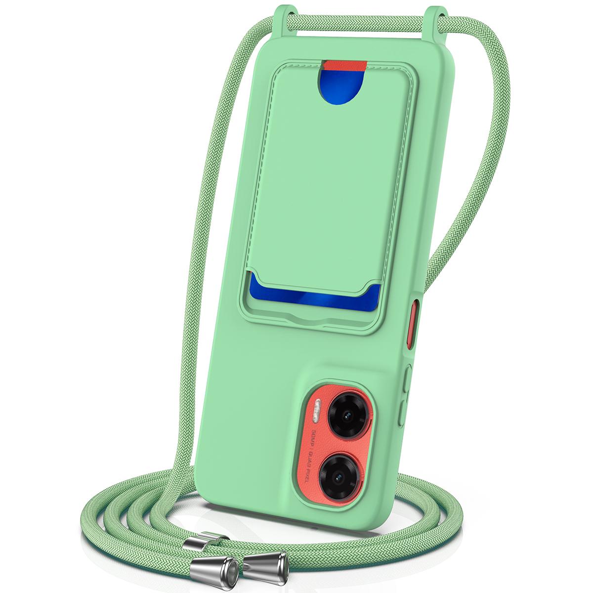 

For Motorola Moto G35 5G Case Liquid Silicone Card Holder Back Phone Cover with Lanyard D