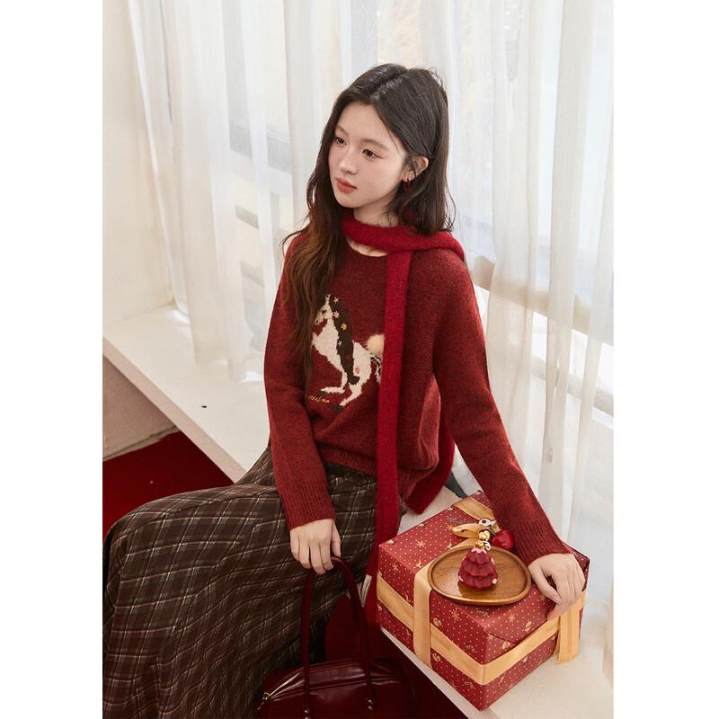 Mishow Women s Retro Red Pony Round Neck Pullover Sweater S