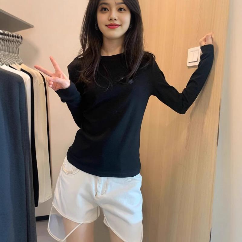 Round Neck Solid Bottoming Shirt for Women in Spring Autumn Winter Style Layered with Slim Long-sleeved T-shirt Tops