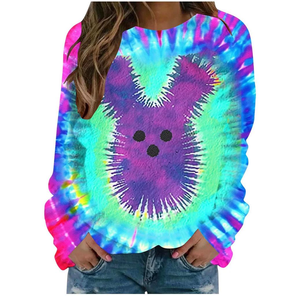 Round Neck 3D Tie Dye Rabbit Printed Top Fashionable Casual Long Sleeved Women's T-shirts
