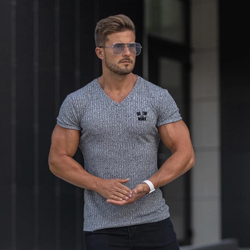 Do The Work  Summer Fashion Breathable V-Neck Mens Knitting Slim Fit Gym Sports Bodybuilding Fitness Short Sleeve Pullovers Tshirts