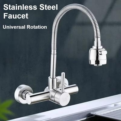 Universal Wall Mounted Stainless Steel Kitchen Faucet Cold and Hot Tap 360 Degree Swivel Flexible Hose Single Handle Faucet