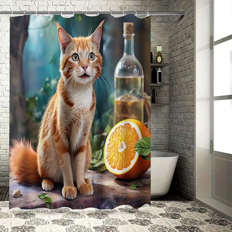 Cute Cat and Fresh Orange Shower Curtain for Home Decoration - Vibrant and Whimsical Design Suitable for Wet and Dry Separation