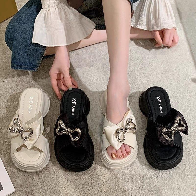 Summer fashion bow thick-soled heightened one-word slippers wear exquisite girls casual sandals