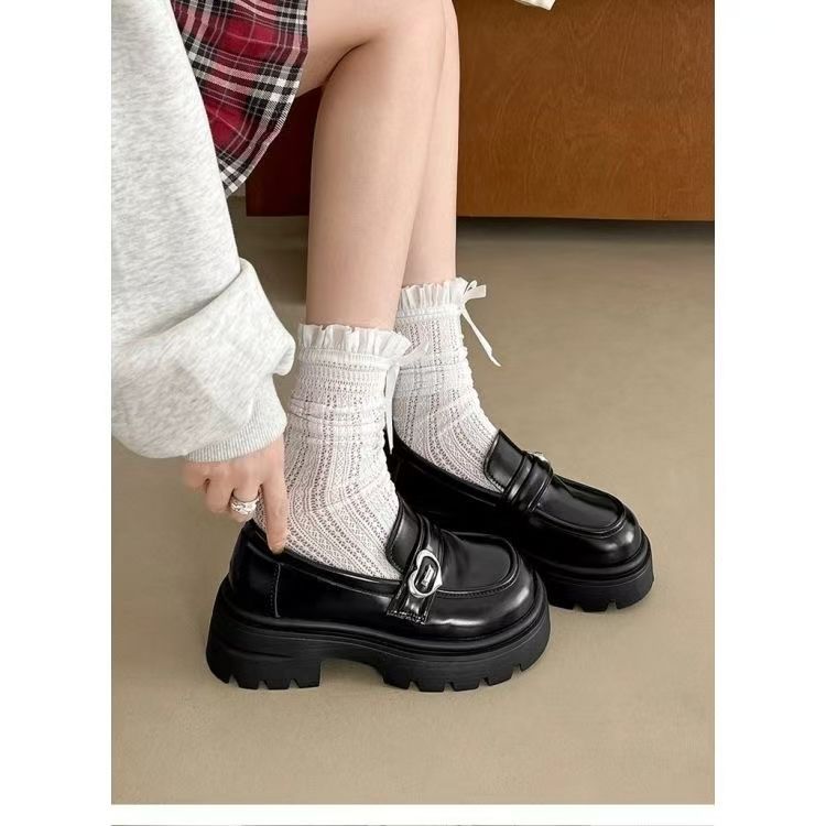 Mocasini retro negri cu o singură pedală, stil britanic de primăvară și toamnă 2024, cu platformă și toc gros, în stil francez, din piele, stil britanic