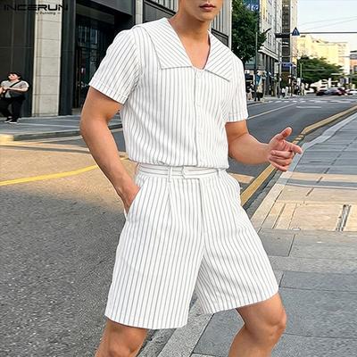 Two Piece Suit Summer Men Lapel Neck Short Sleeve Striped Shirts Shorts Casual Outfits Sets