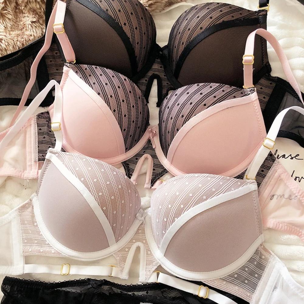 Sexy Hollow Underwear Set for Women 3/4 Cup Push Up Bra Lace Splicing Color Brassiere and Panties Ladies Intimates Lingerie