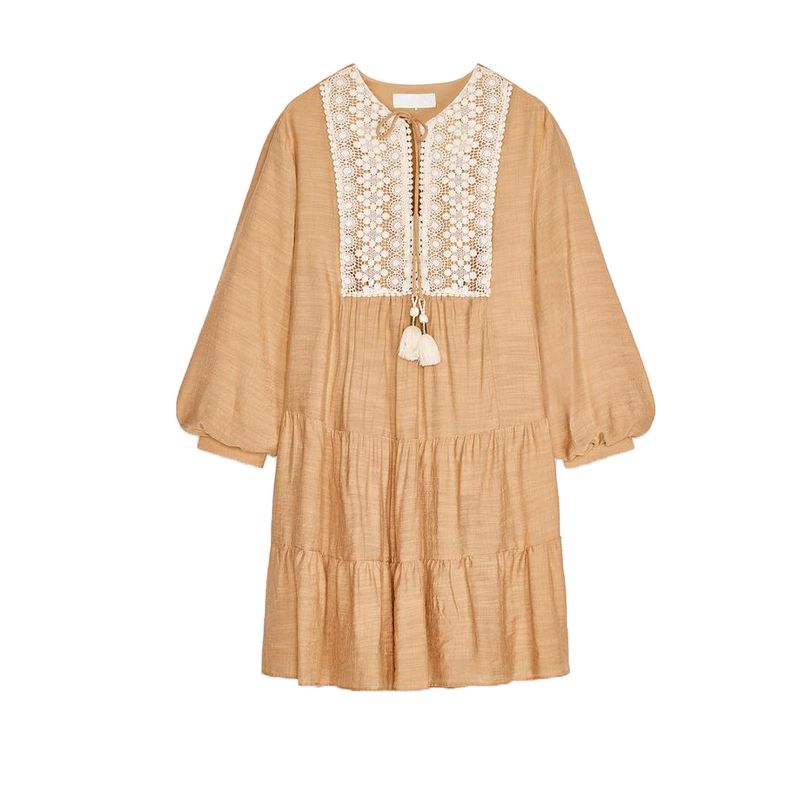 

Spring and Summer New Women s Clothing Su Sui Series Accessories Contrast Color Embroider Comfortable Long Sleeve V-neck Short Dress 3897093 Peach L