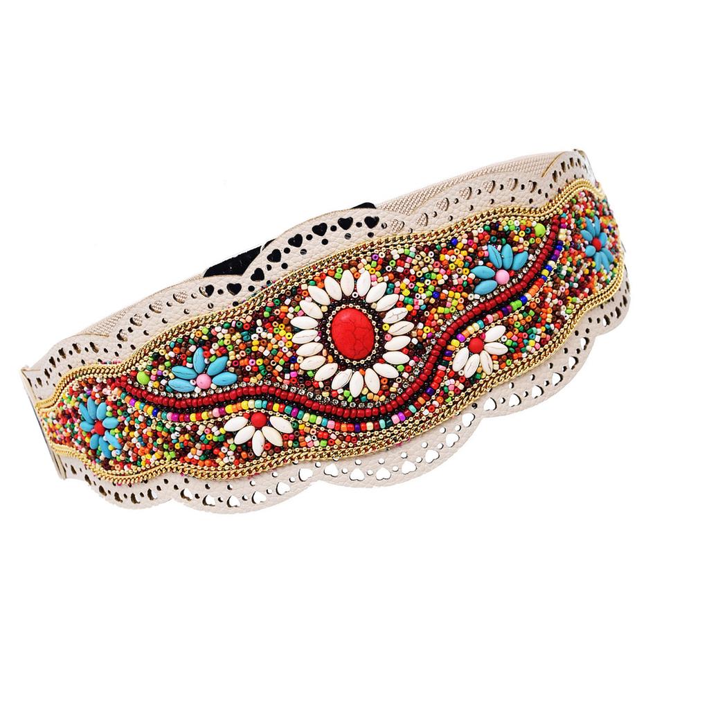 Adjustable Ethnic Waistband Decorative Cummerbund Belt with Flower Design Stretchy Wide Cinch Band for Dresses