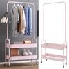 Pink Floor Carbon Steel Hanging Clothes Rack with 2 Baskets,Metal Silent Movable Storage Rack for Laundry Room, Balcony, Bedroom