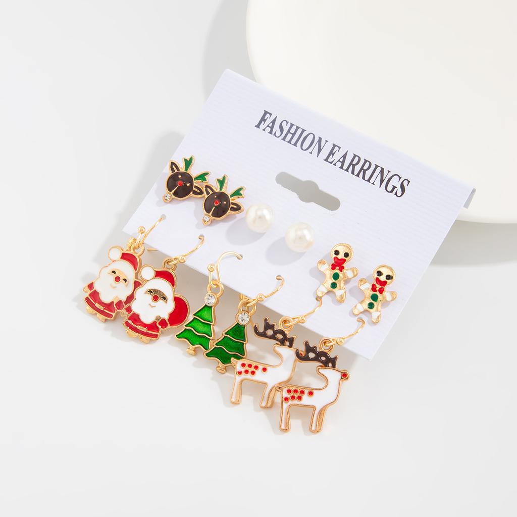 Cartoon Dripping Elk Santa Holiday Stud Earrings, Christmas Snowflake Bell Earrings Set