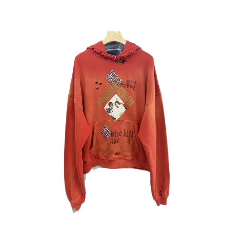 Mens Oversized Hooded Sweatshirt With Washed Vintage Finish Hand-Applied Bead Embellishment