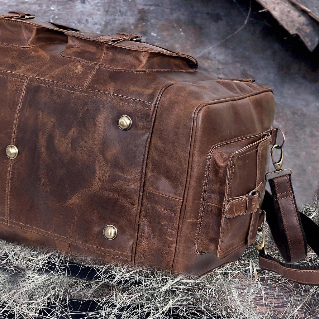 Handmade Top Grain Leather Duffle Bag: 24-inch Weekender Travel Bag