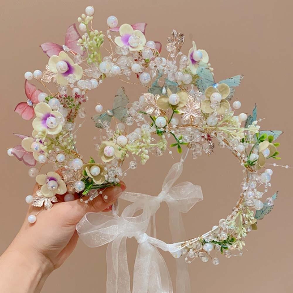 Simulation Flower Girls Garland Beads Flower Headdress Elegant Wreath Headband  Seaside Vacation
