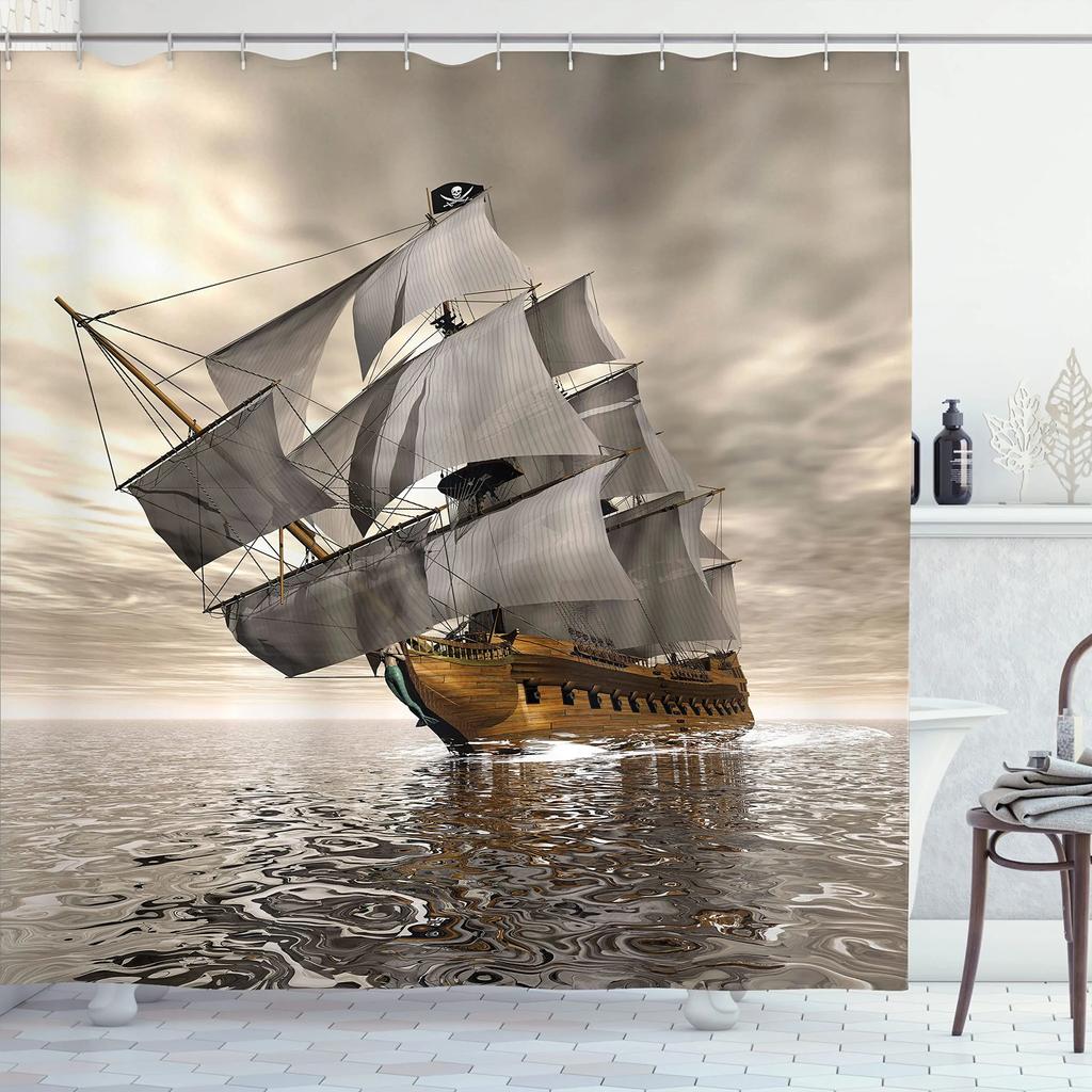 Pirate Ship Shower Curtain for Nautical Bathroom Fantasy Ocean Vintage Pirate Ship Bath Curtains Polyester Decor with 12 Hooks