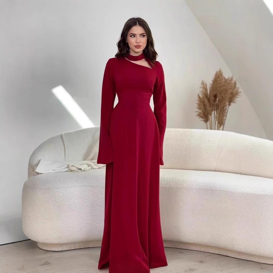 

Европейское и американское однотонное платье с длинным рукавом, облегающее фигуру, для весны и осени XL темно-красного