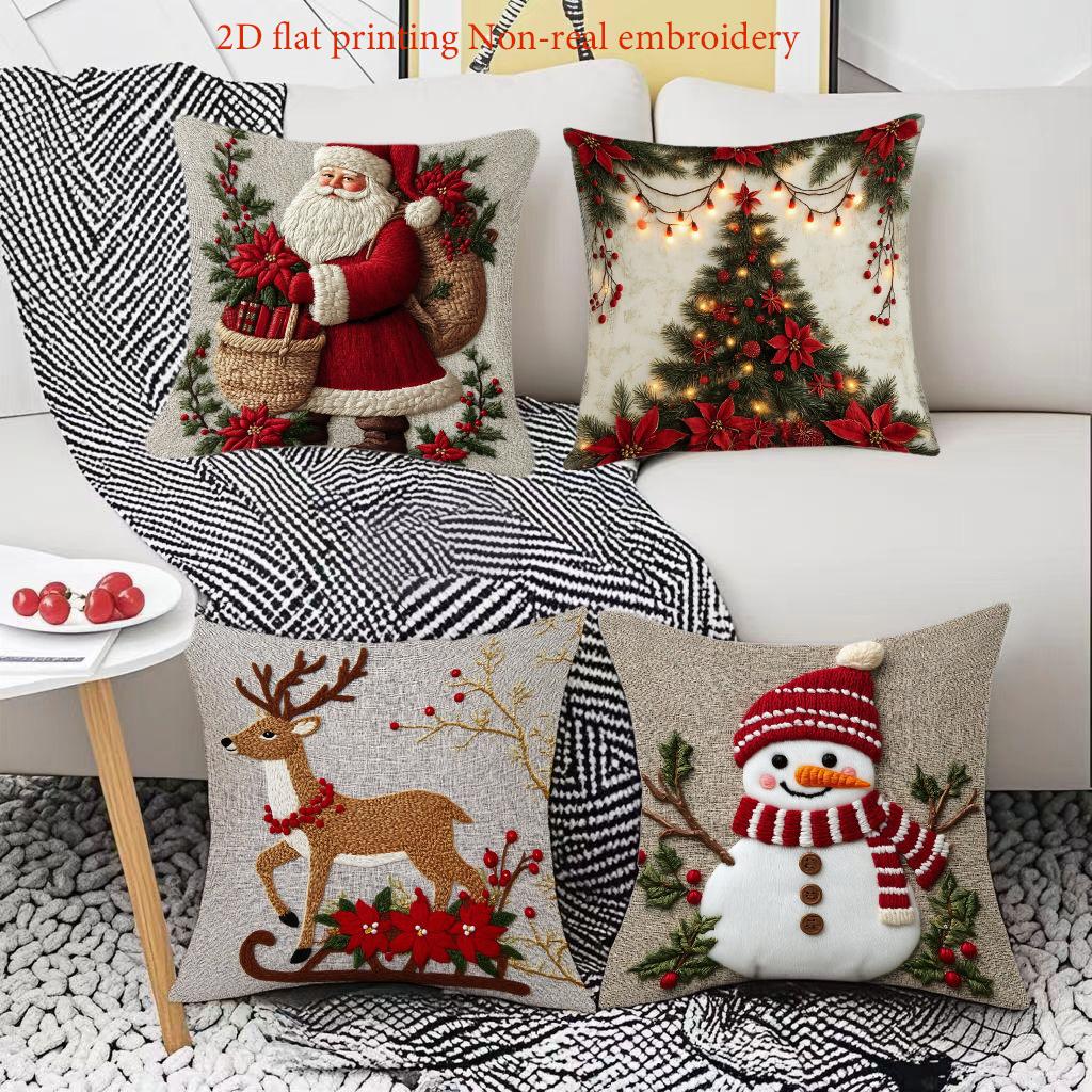 Christmas Cushions with Santa Snowman Deer Tree 2D Flat Printing Polyester Pillowcase, Sofa  Cushion Cov Headboard Pillow