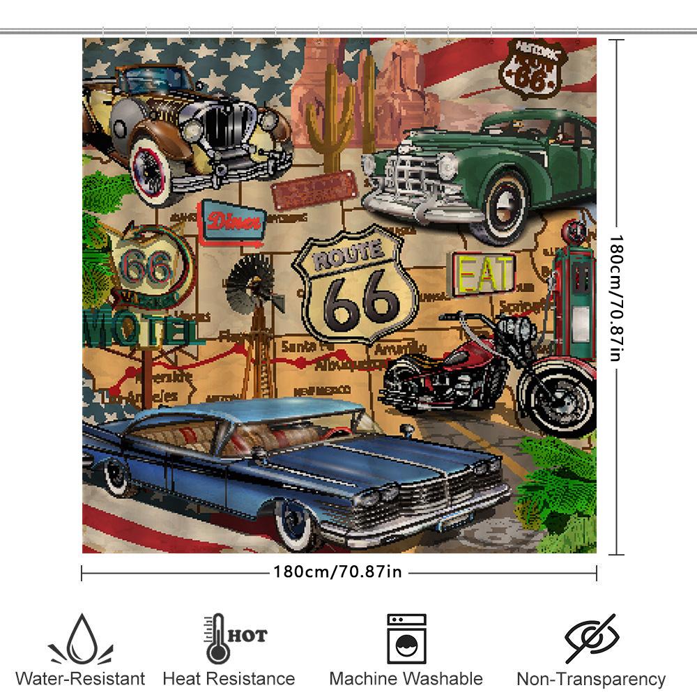 Vintage Route 66-Themed Car Shower Curtain For Bathroom Decor Pixel Art Style Retro Design Featuring Classic American Automobile