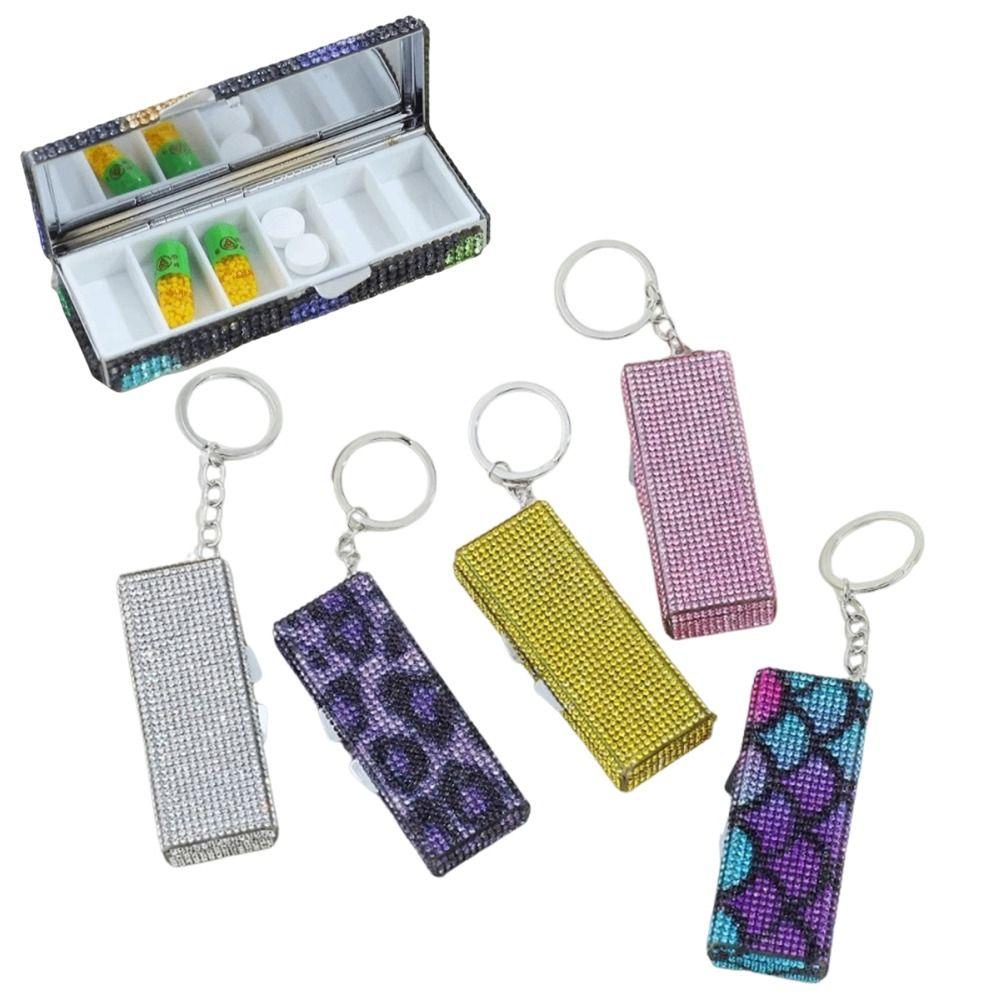 Shiny Rhinestone Mini Metal Pill Box Blingbling Keychain Travel Pill Organizer Moisture-proof Portable Medicine Storage Box