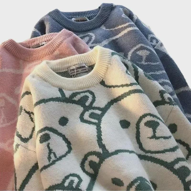 Jacquard College Style Cartoon Pullover: Unisex Lazy Fit Round Neck Sweater for Students