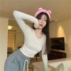 Women's O Neck Long Sleeve Solid Slim Fit Elegant Casual Cropped Top Milk Silk Tee