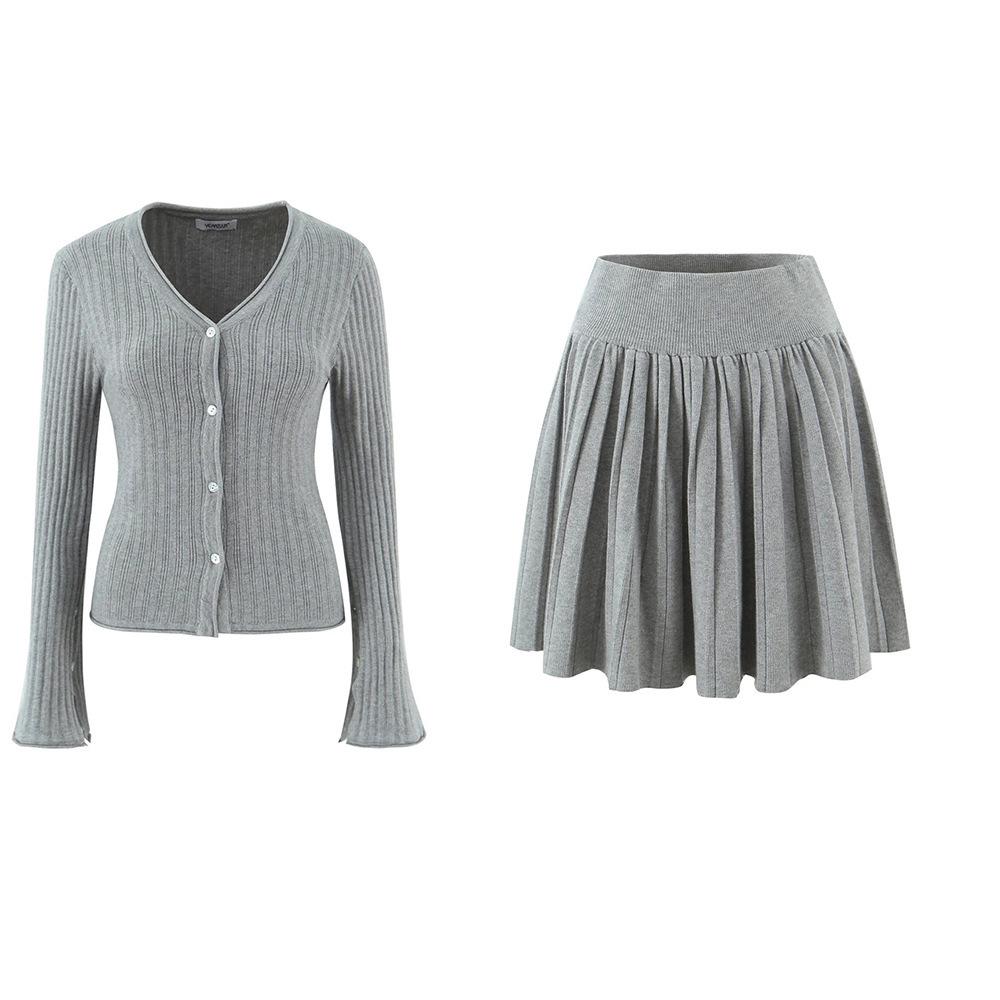 Korean Retro V-Neck Cardigan & High Waist Pleated Skirt Knit Set