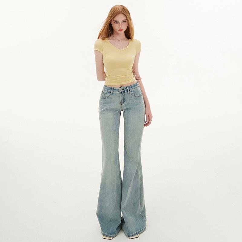 Women's Light Blue Micro-Flared Low-Waist Jeans: New for Spring & Autumn 2025, Slim Fit, Elastic, Spicy Girl Style