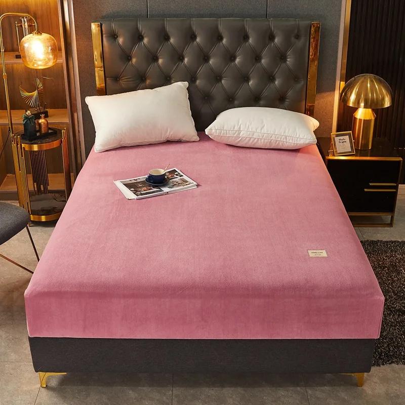 Autumn and Winter A-Class Milk Velvet Bed Sheet Solid Warm Cozy Mattress Protective Cover Bed Linen Protector Fitted Sheet Winter Keep Warm