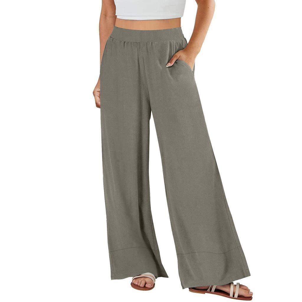 Women's Loose High-waisted Cotton And Linen Solid Color Straight-leg Flared Pocket Wide-leg Pants