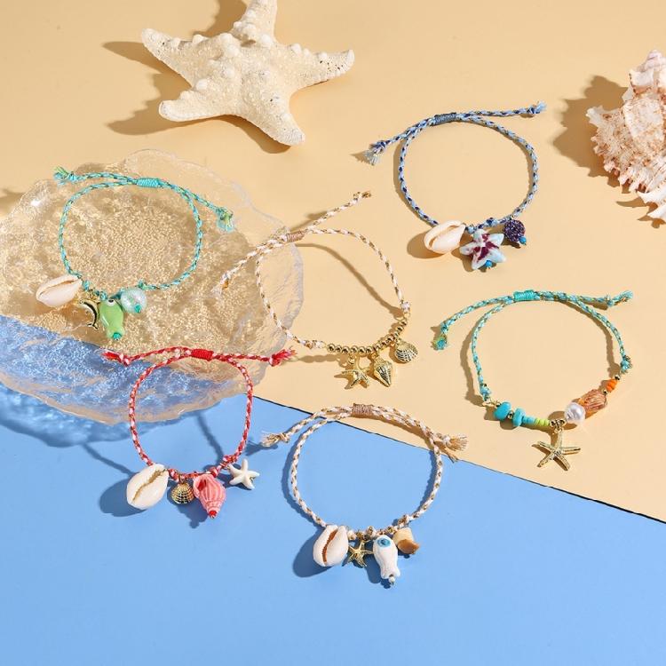 Keramik-Meerestier-Anhänger, geflochtenes Armband, verstellbares Seildesign mit Seestern- und Muschel-Charm, lässiger Schmuck