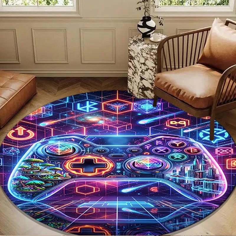 Neon Gaming Controller Round Rug for Livingroom,Bedroom, Palyroom, Chair Rug, Area Rug, Circle Carpet, Large Size Fan Christmas Gift