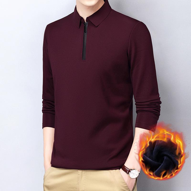 Men's Autumn and Winter Fleece Thickened Stand-up Collar Zipper Long-sleeved Shirt with Long-sleeved Shirt Warm Business T-shirt