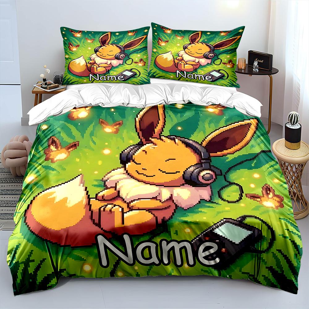 3Pc Personalization Name Custom Pokemon Pixels Printed Cartoon Bedding Set 1 Quilt Cover 2 Pillowcase Gifts For Kids And Adults