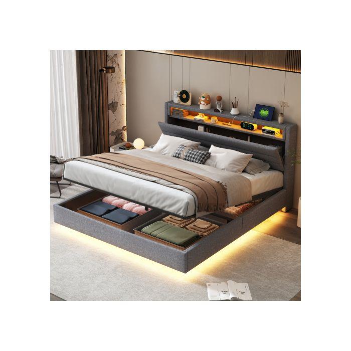 Lit Rembourré - MUVOE - 160x200 Cm - Prise USB - Lumières LED - Rangement Hydraulique