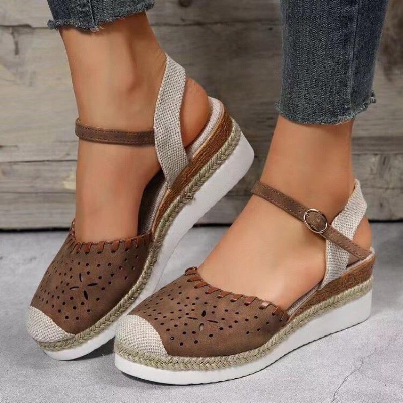 Large size wedge heel women's sandals summer new flat bottom bag head casual hollow buckle middle heel women's sandals