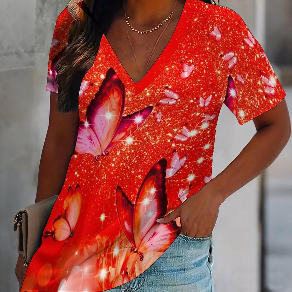 Butterfly Print Women Tshirt V Neck Short Sleeve Casual Loose Summer Tee Shirts