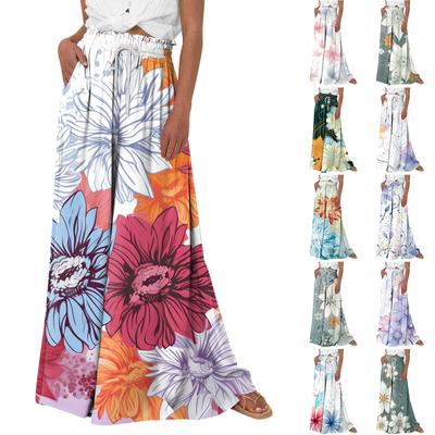 Vrouwen hoog getailleerde wijde pijpen broek zomer casual flowy palazzo broek bloemenprint strandbroek met zak