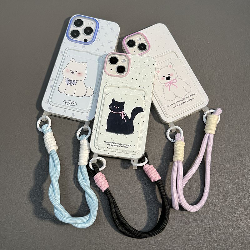 Cute Cartoon Dog Cat Phone Case with Lanyard Card Slot for iPhone 15 14 13 Pro Max Shockproof Cover