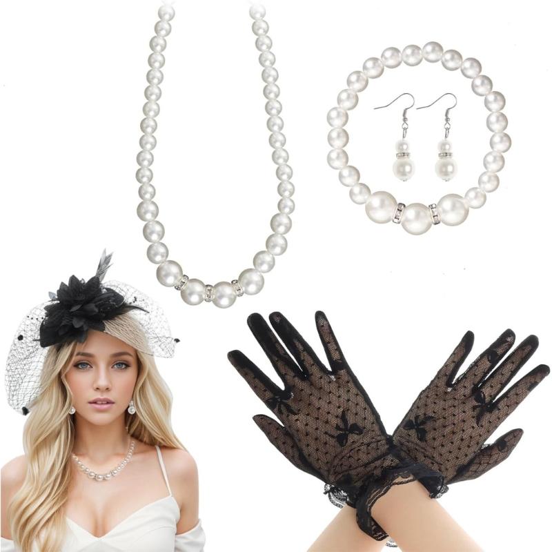 5Pcs 1920s Teas Party Accessories Set for Women Teas Party Fascinators Hats Lace Gloves Necklace Bracelet Earrings