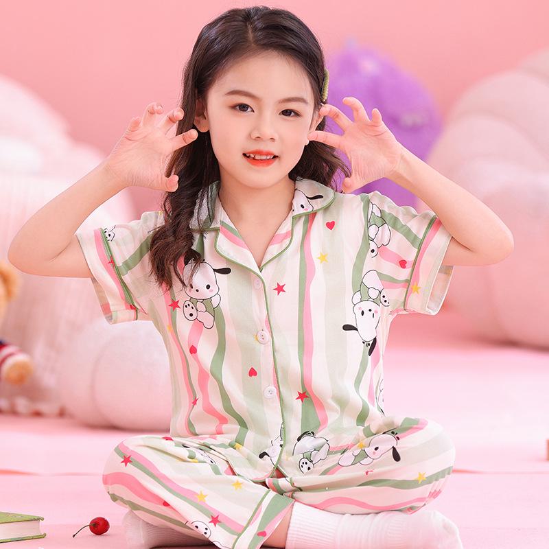 Kuromi Girls' Spring/Autumn Pajama Set with Short Sleeve Cardigan and Long Pants for Indoor/Outdoor Wear