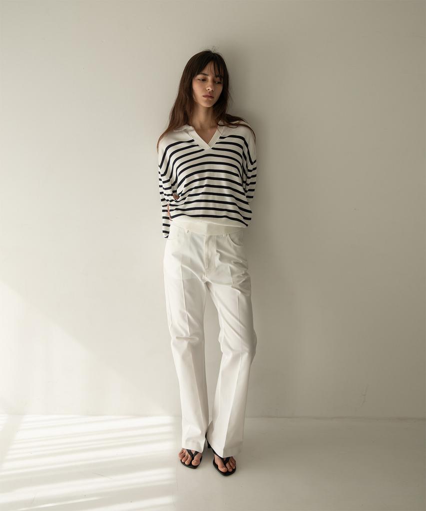ANOTHER OFFICE WOMEN W. Sailor Silk Open-Collar Knit (White-Navy)