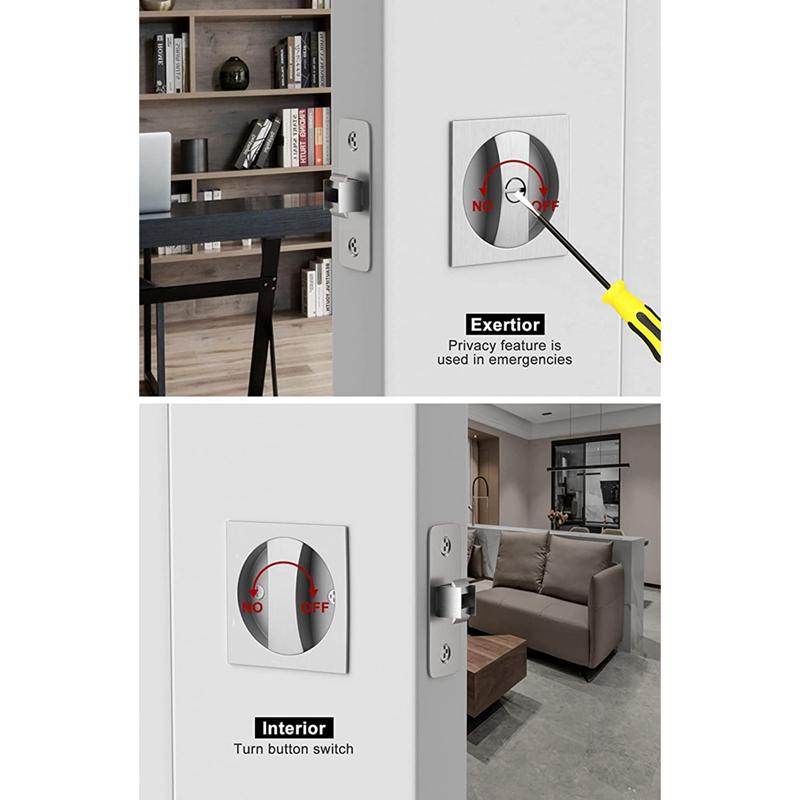 Bed/Bath Pocket Door Lock, Satin Nickel Contemporary Privacy Square Pocket Door Hardware, Sliding Pocket Door Latch