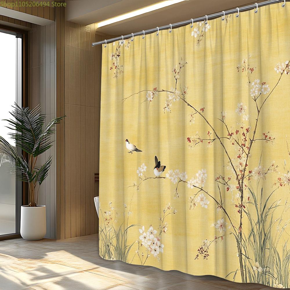 1pc Japanese Ukiyo-e Birds and Blossoms Shower Curtain - Ethereal Tranquil Scene with Small Birds and Flowering Branches, Poly