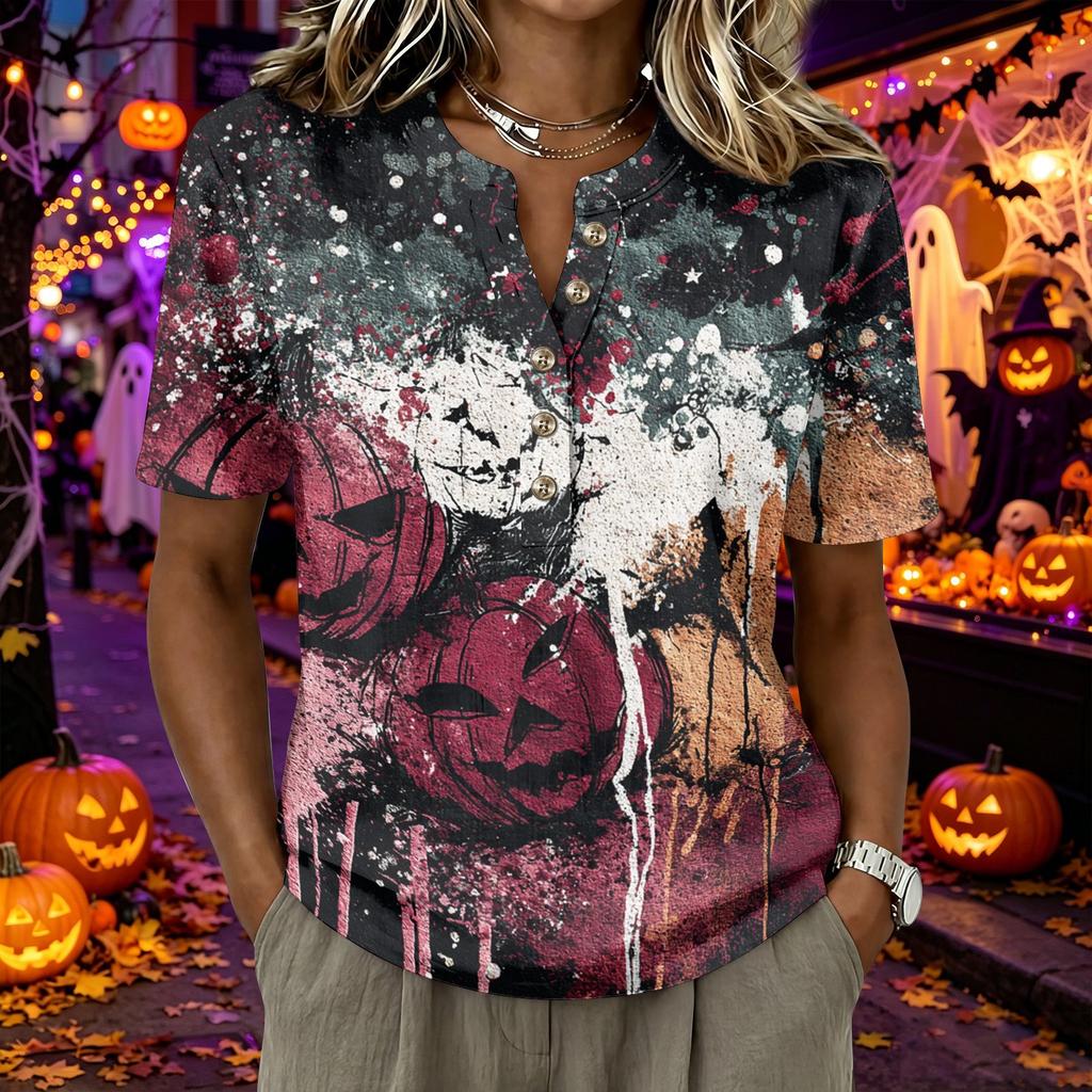 Women's Short Sleeve Henley Shirt Button Front Casual Loose Fit Cotton Linen Blend Top Halloween Graphic Print