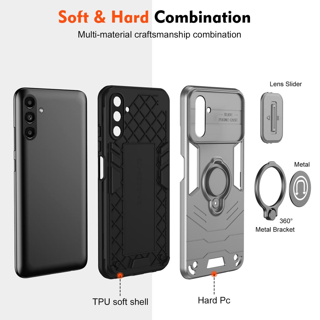 For Samsung Galaxy A14 5G/4G Case PC+TPU Ring Kickstand Phone Cover with Slide Lens Lid